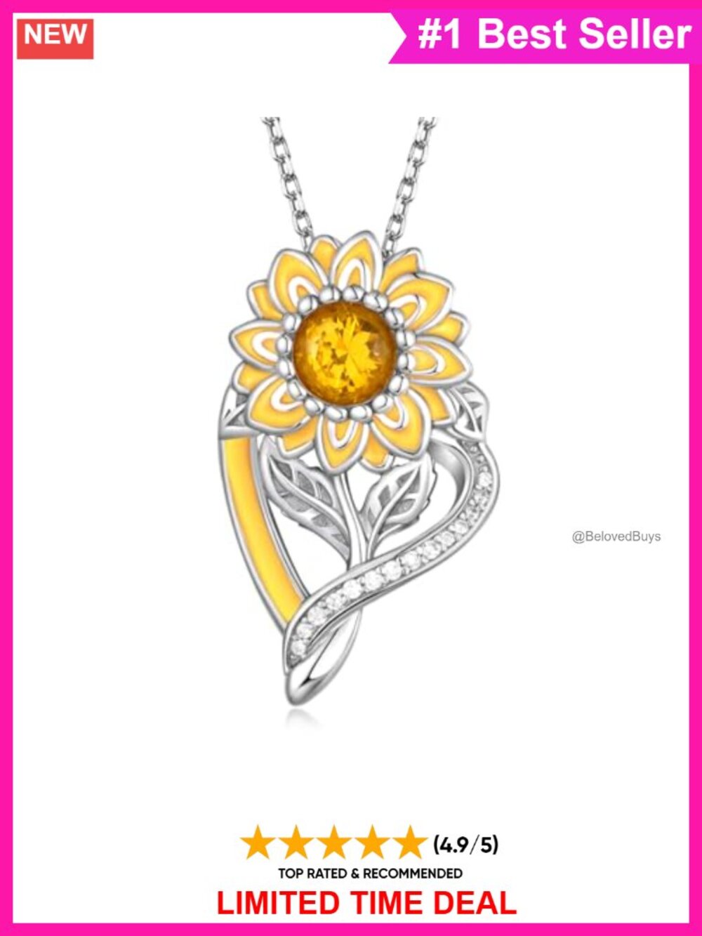 925 Sterling Silver Sunflower Pendant Necklace 18+2" Adjustable Chain